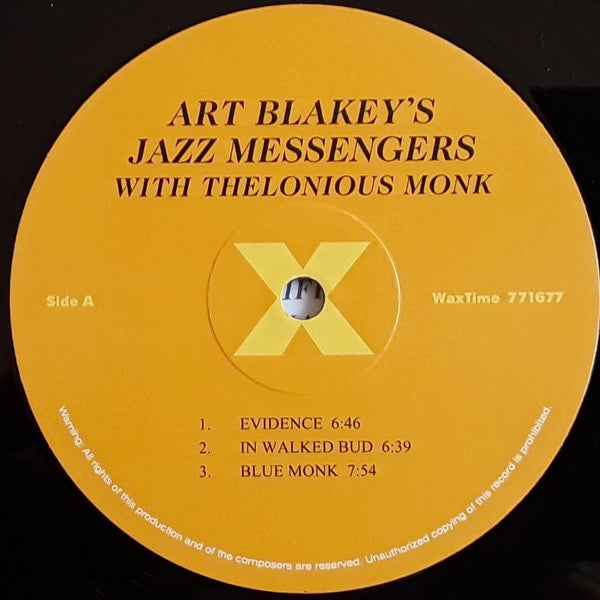 Image of Label of 1854212S: LP - ART BLAKEY'S JAZZ MESSENGERS WITH THELONIOUS MONK, Art Blakey's Jazz Messengers With Thelonious Monk (WaxTime; 771677, Europe 2010 Reissue, 180 Gram Vinyl)   NEW/NEW