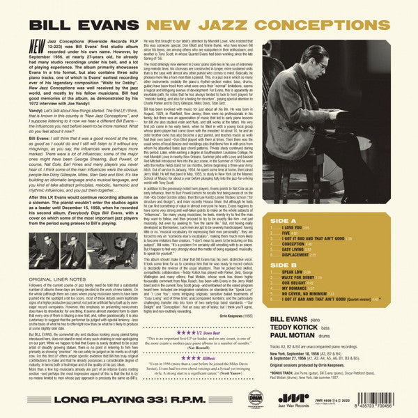 Image of Back Cover of 4134049E: LP - BILL EVANS, New Jazz Conceptions (Jazz Wax Records; JWR 4609, Europe 2013 Reissue, 180g)   NEW/NEW