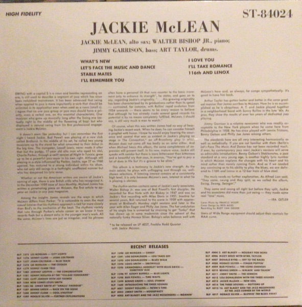 Image of Back Cover of 0114321C: LP - JACKIE MCLEAN, Swing, Swang, Swingin' (Rat Pack Records; BST 84024, France 2019 Reissue)   NEW/NEW