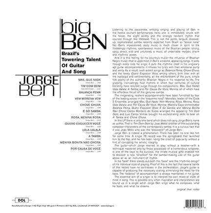 Image of Back Cover of 5134036E: LP - JORGE BEN, Big Ben (Brazil's Towering Talent Of Guitar And Song) (DOL; DOL825HG, Europe 2017 Reissue, Gatefold)   NEW/NEW