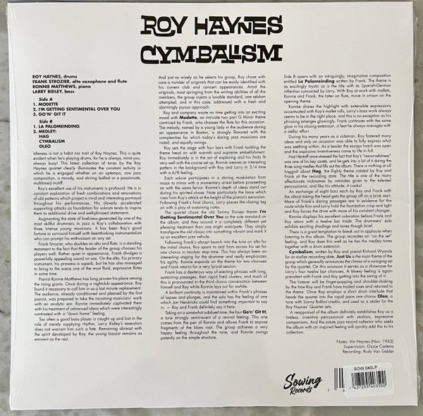 Image of Back Cover of 0114324C: LP - ROY HAYNES, Cymbalism (Sowing Records; SOW040, Europe 2022 Reissue, Clear Vinyl)   NEW/NEW