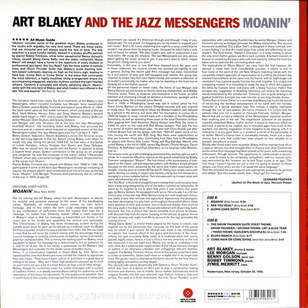 Image of Back Cover of LP - NEW/NEW - ART BLAKEY AND THE JAZZ MESSENGERS, Moanin' (Waxtime In Color; 950623, Europe 2018 Reissue, Red Vinyl), ,  - 6016015C