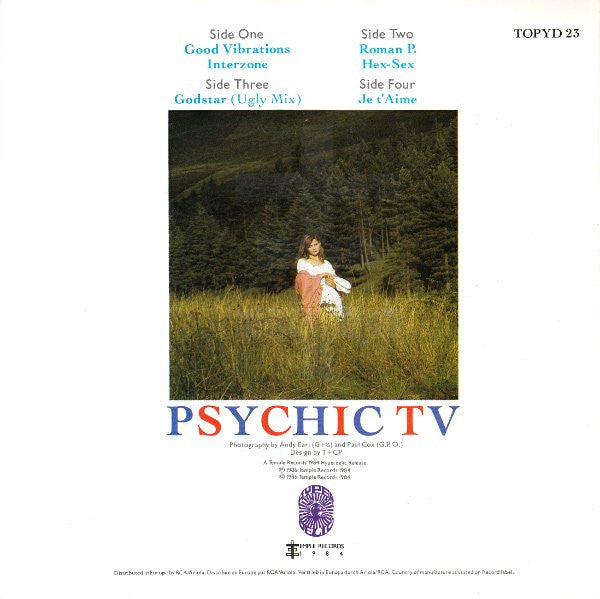 Image of Back Cover of 0154168S: 2x7" - PSYCHIC TV, The Magickal Mystery D Tour E.P. - Good Vibrations + Roman P. (Temple Records; TOPYD 23, UK 1986, Gatefold)   VG/VG+