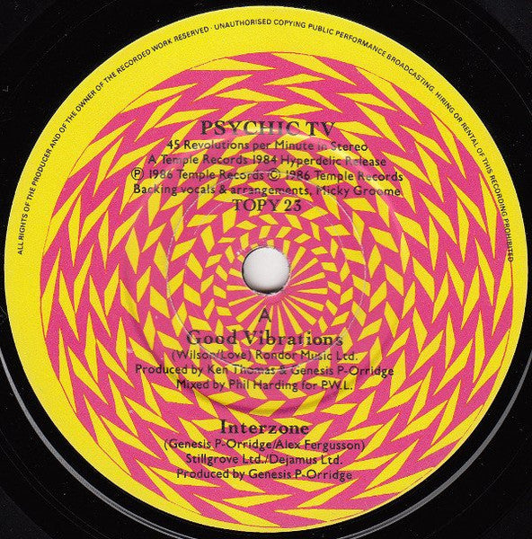 Image of Label Cover of 0154168S: 2x7" - PSYCHIC TV, The Magickal Mystery D Tour E.P. - Good Vibrations + Roman P. (Temple Records; TOPYD 23, UK 1986, Gatefold)   VG/VG+