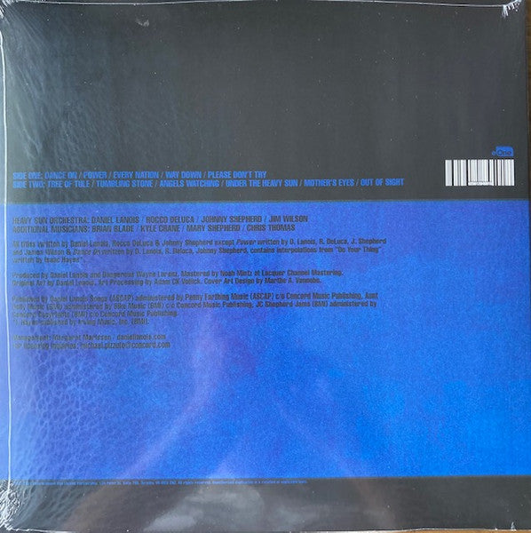 Image of Back Cover of 0244037S: LP - DANIEL LANOIS, Heavy Sun (eOne; EMC-LP-28450, Worldwide 2021, 'Ruby Translucent Inside Opaque Orchid' Vinyl + Download Code) Opened Instore, Still In Stickered Shrinkwrap  VG+/EX