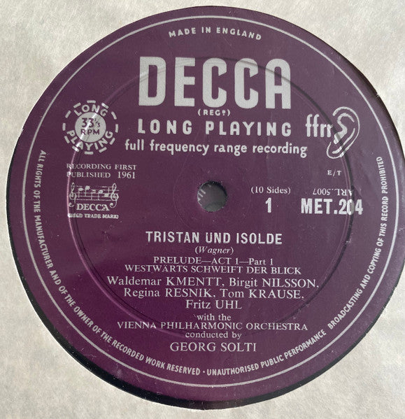 Image of Label Cover of 4023301E: 6xLP - WAGNER*, BIRGIT NILSSON, FRITZ UHL, REGINA RESNIK, TOM KRAUSE, ARNOLD VAN MILL, GEORG SOLTI CONDUCTING THE VIENNA PHILHARMONIC ORCHESTRA*, Tristan Und Isolde (Decca; SET 204-8, UK , Box Set, Booklet)   VG/VG+