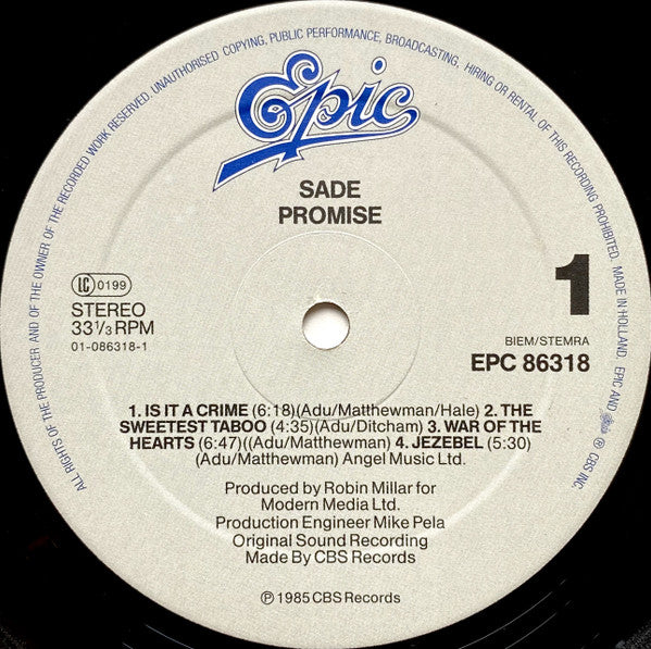 Image of Label Cover of 4644215S: LP - SADE, Promise (Epic; EPCCL 43 733 5, Netherlands 1985, Gatefold, White title on front sleeve) Edgewear.   VG/VG+