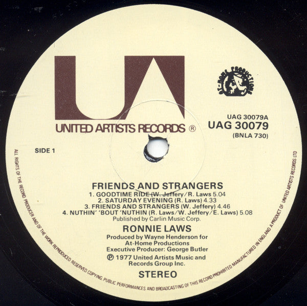 Image of Label Cover of LP - VG/VG - RONNIE LAWS, Friends and Strangers (UA Tan Label; UAG30079, UK 1977, Inner), Strong VG,  - 3246061S