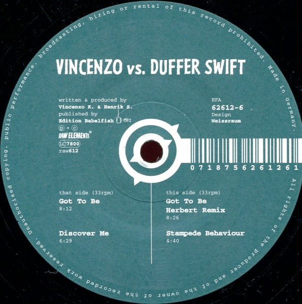 Image of Front Cover of 0214271C: 12" - VINCENZO VS. DUFFER SWIFT, Got To Be (Raw Elements; Raw 612, Germany 1996, Company Sleeve) Hype sticker  VG/VG