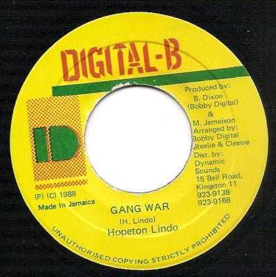 Image of Front Cover of 0214333C: 7" - HOPETON LINDO, Gang War (Digital-B; , Jamaica 1988) Light mark only.  /VG+