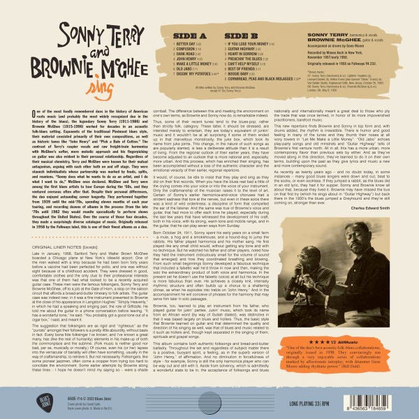 Image of Back Cover of 1334031E: LP - SONNY TERRY AND BROWNIE MCGHEE, Sonny Terry And Brownie McGhee Sing (The Blues Joint Collection; 8005, UK & Europe 2023)   NEW/NEW