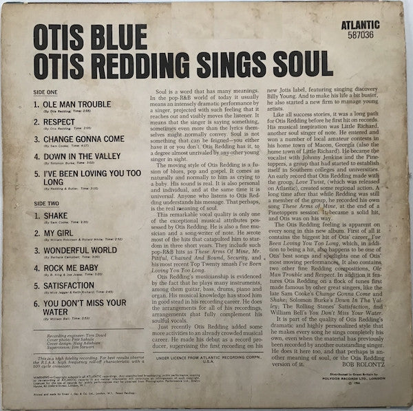 Image of Back Cover of LP - G+/G - OTIS REDDING, Otis Blue / Otis Redding Sings Soul (Atlantic Plum & Orange; 587036, UK 1966 Reissue, Mono), ,  - 4026017E