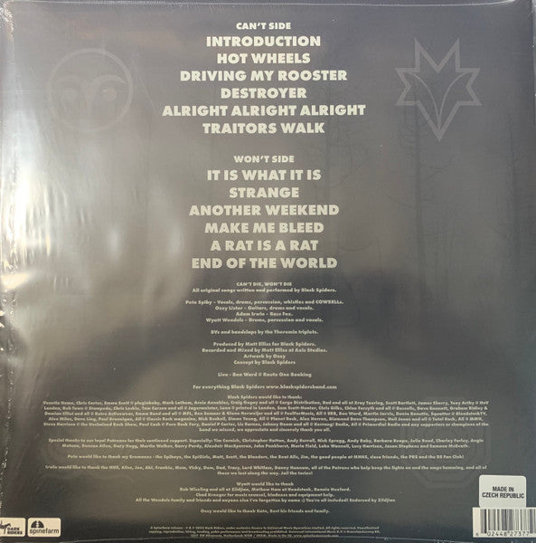 Image of Back Cover of 2044456S: LP - BLACK SPIDERS, Can't Die, Won't Die (Spinefarm Records; BLACK273772, UK 2023, Insert, Clear w/ Purple And Blue Splatter Vinyl)   VG+/VG+