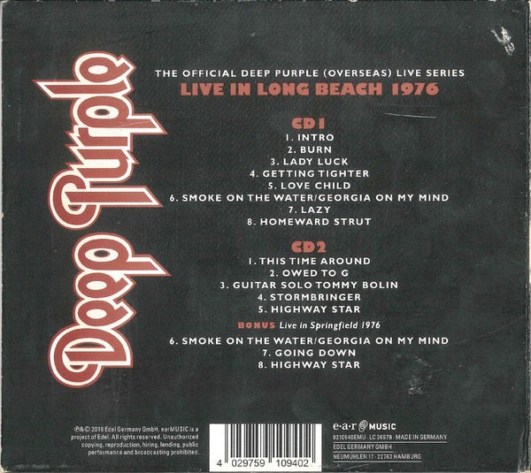Image of Back Cover of 2xCD - G+/VG - DEEP PURPLE, Live In Long Beach 1976 (Ear Music; 0210940EMU, Europe 2016 Reissue, Digipak), Shelf Wear,  - 2316468C
