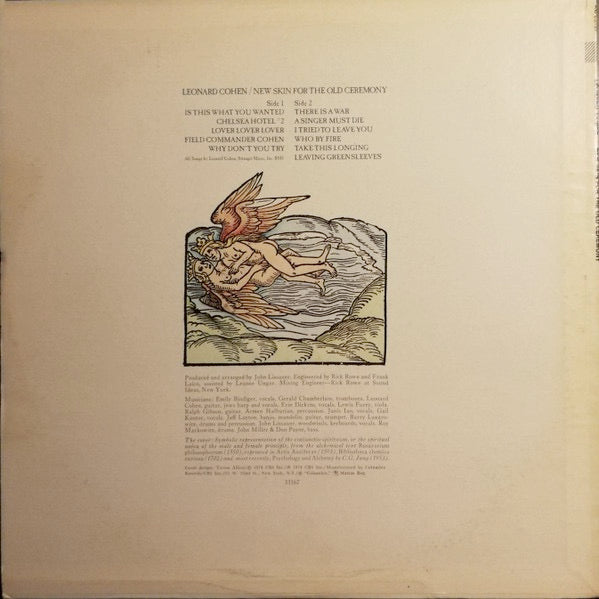 Image of Back Cover of LP - G+/VG - LEONARD COHEN, New Skin For The Old Ceremony (Columbia; KC 33167, US 1974), Water damage on bottom quarter of sleeve - looks particularly bad on the back - has a bit hanging off. A few light hairlines on the record. ,  - 4126342E