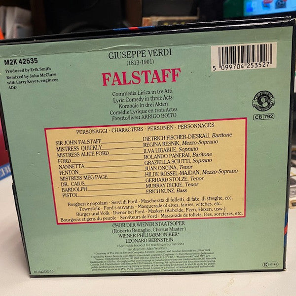 Image of Back Cover of 0234276E: CD - GIUSEPPE VERDI, WIENER PHILHARMONIKER, CHOR DER WIENER STAATSOPER, LEONARD BERNSTEIN, Falstaff (CBS; M2K42535, UK 1987, Box Set, Booklet)   VG+/VG+