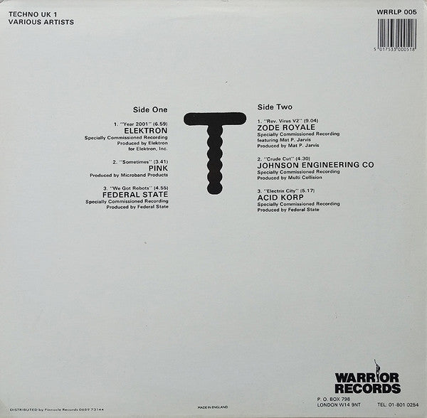 Image of Back Cover of 0324108E: LP - VARIOUS, Techno UK 1 (Warrior Records; WRRLP 005, UK 1990)   VG+/VG+