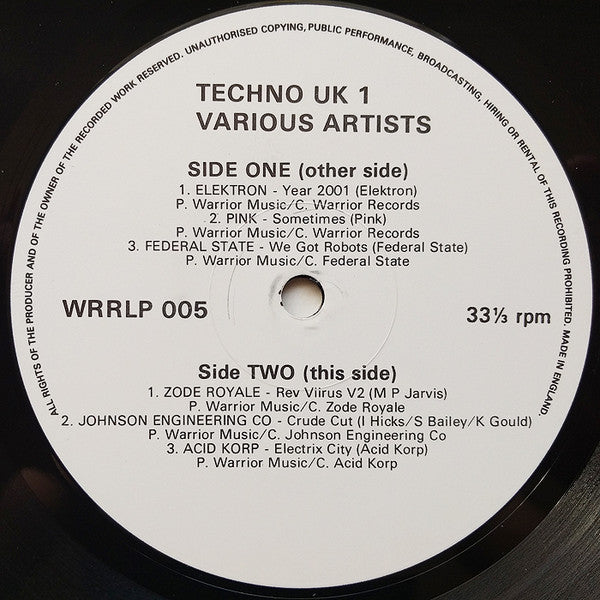 Image of Label Cover of 0324108E: LP - VARIOUS, Techno UK 1 (Warrior Records; WRRLP 005, UK 1990)   VG+/VG+