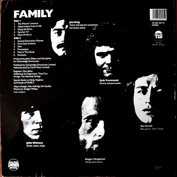 Image of Back Cover of 0314179C: LP - FAMILY, Family Entertainment (See For Miles Records Ltd.; SEE 200, Germany 1987 Reissue, Blue Labels.) Sleeve Corner Creased  VG/VG+