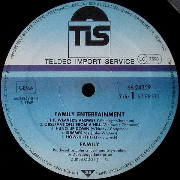 Image of Label Cover of 0314179C: LP - FAMILY, Family Entertainment (See For Miles Records Ltd.; SEE 200, Germany 1987 Reissue, Blue Labels.) Sleeve Corner Creased  VG/VG+