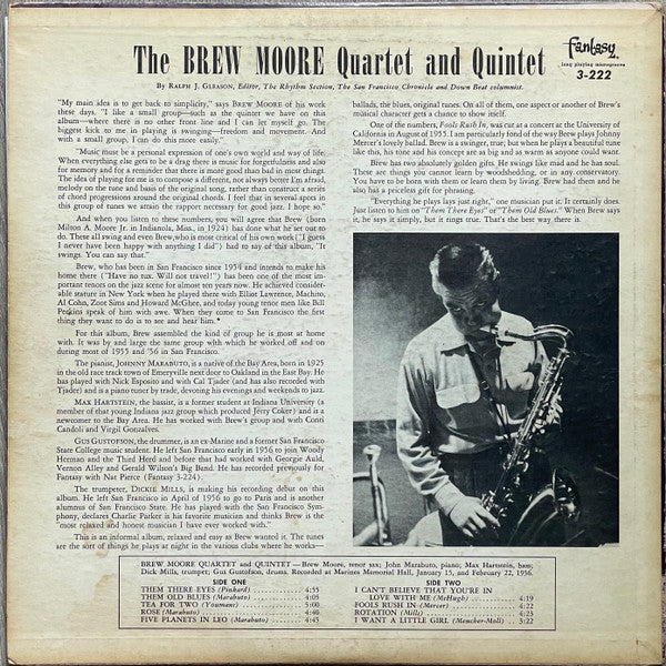 Image of Back Cover of 0324132E: LP - THE BREW MOORE QUARTET AND QUINTET, The Brew Moore Quintet (Fantasy; 3-222, US 1956, Pasteback Sleeve, Mono, Red Vinyl)   VG/VG