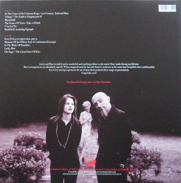 Image of Back Cover of 0344182S: LP - ANNIE BARBAZZA & MAX REPETTI, Moonchild (Manticore; MANLP002, Italy 2018, Inner & Insert, Dark Red Transparent Vinyl) Clean copy all around.  VG+/VG+