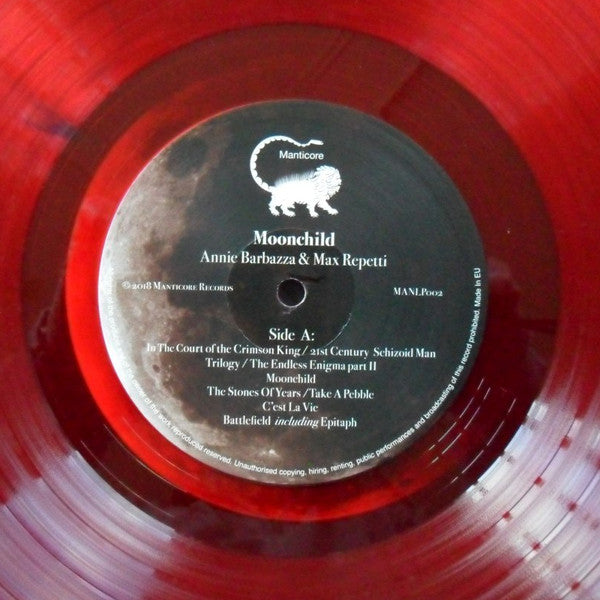 Image of Label Cover of 0344182S: LP - ANNIE BARBAZZA & MAX REPETTI, Moonchild (Manticore; MANLP002, Italy 2018, Inner & Insert, Dark Red Transparent Vinyl) Clean copy all around.  VG+/VG+