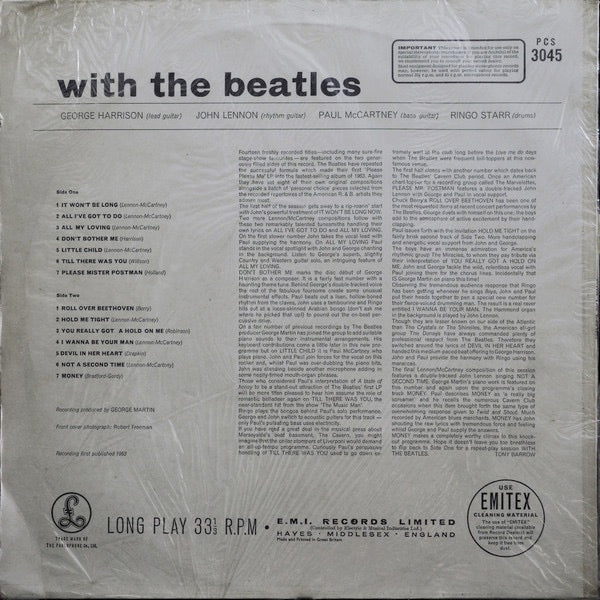 Image of Back Cover of LP - VG+/VG+ - THE BEATLES, With the Beatles (Parlophone Silver/Black - 2 EMI Boxes; PCS3045, UK 1970s Reissue, Laminated Front Sleeve, Gramophone Co on Label Rim), ,  - 1726041E