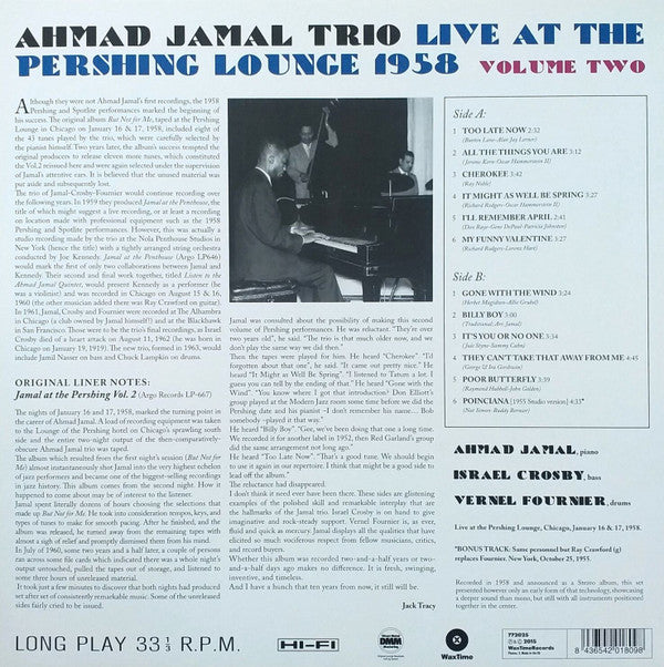 Image of Back Cover of 4724172E: LP - AHMAD JAMAL, Ahmad Jamal At The Pershing Volume 2 "The Cherokee Album" (WaxTime; 772025, Europe 2015, Picture Sleeve, Insert, DMM (Direct Metal Mastering), 180 Gram Vinyl)   EX/EX