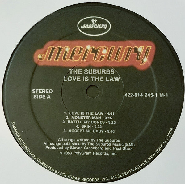 Image of Label Cover of 0324361E: LP - THE SUBURBS, Love Is The Law (Mercury; 814 245-1 M-1, US 1983, Picture Sleeve, Inner) Sleeve is strong G+ - edgewear, ringwear, large spot of sticker damage  G+/VG+