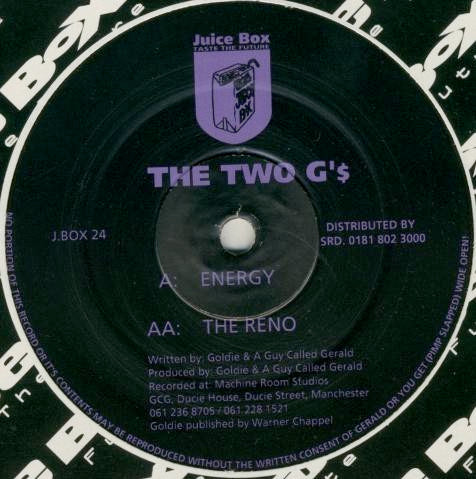 Image of Front Cover of 12" - VG/VG - THE TWO G'$ (GOLDIE & A GUY CALLED GERALD), Energy / The Reno (Juice Box; JBOX 24, UK 1995, Company Sleeve), light marks only. original company sleeve w/ price sticker,  - 3946460S