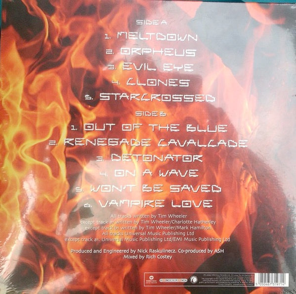 Image of Back Cover of 0324300E: LP - ASH, Meltdown (BMG; BMGCAT712CLP, UK 2022 Reissue, Gatefold, Insert, Orange and Black Splatter Vinyl) Signed By Tim, Mark and Rick in Marker on Front Sleeve  VG+/EX