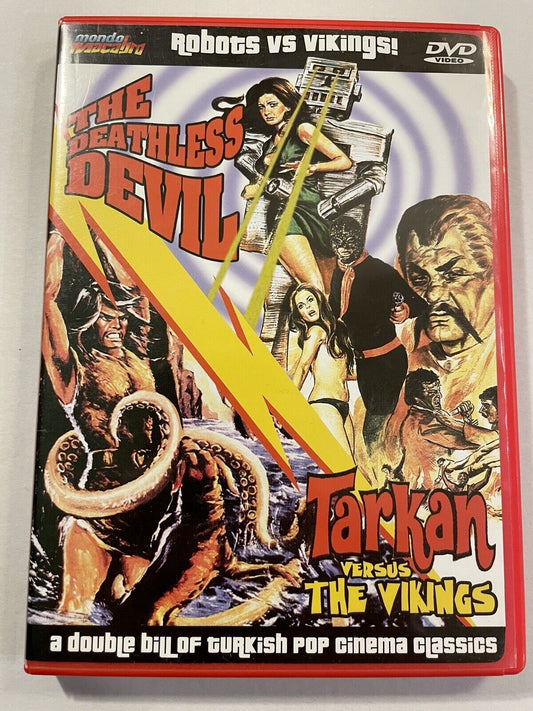 Image of Front Cover of 0334378E: DVD - YILMAZ ATADENIZ, MEHMET ASIAN, The Deathless Devil/ Tarkan Versus the Vikings (Mondo Macabro; MOD119, US )   VG+/VG