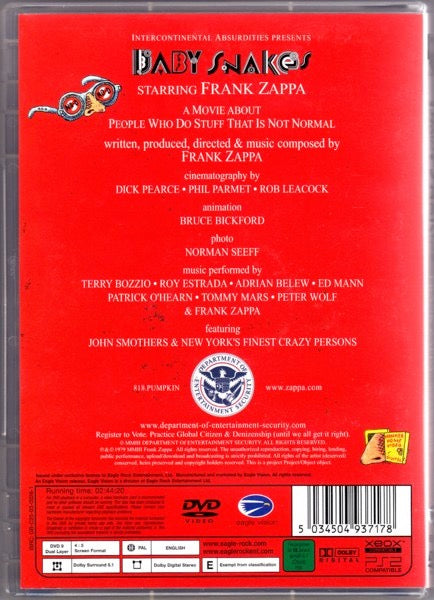 Image of Back Cover of 0314478C: DVD - FRANK ZAPPA, Baby Snakes - A Movie About People Who Do Stuff That Is Not Normal (Eagle Vision; EREDV371, Europe 2003, Inserts)   VG+/VG+