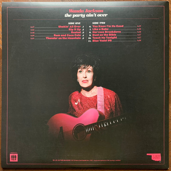 Image of Back Cover of 0444071S: LP - WANDA JACKSON, The Party Ain't Over (Third Man Records; TMR 031, US 2011, 2 Inserts, Greeting Card Gatefold Plays Music When Opened) Light wear on sleeve. Sound chip in gatefold works perfect. Very light corner wear on insert. Disc is Strong VG+, looks barely played.  VG+/VG+