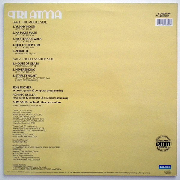 Image of Back Cover of 2824306E: LP - TRI ATMA, Ka Jakee Music (Teldec; 6.26321 AP, Germany 1986)   VG/VG