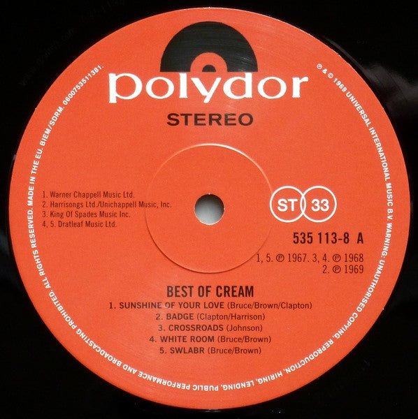 Image of Label Cover of LP - VG+/VG+ - CREAM, Best Of Cream (Polydor; 535113-B, Europe 2014 Reissue, 180 Gram Vinyl), ,  - 3746026S