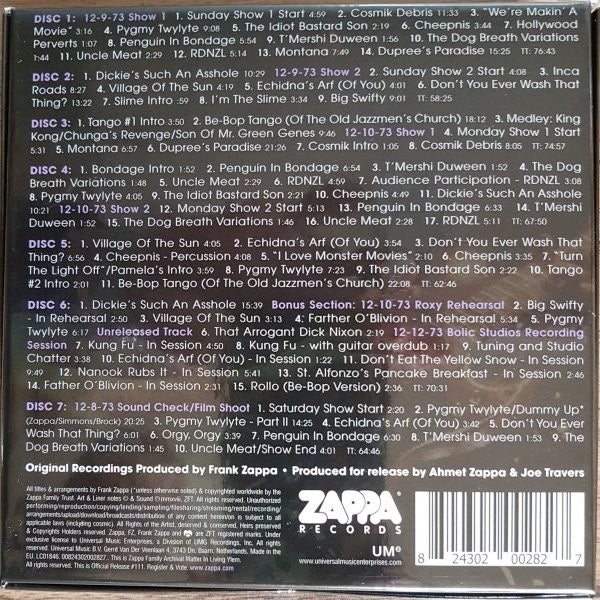 Image of Back Cover of 5214239C: 7xCD - FRANK ZAPPA / MOTHERS, The Roxy Performances (Zappa Records; 0200282, Europe 2018, Box Set, Booklet)   VG/VG+