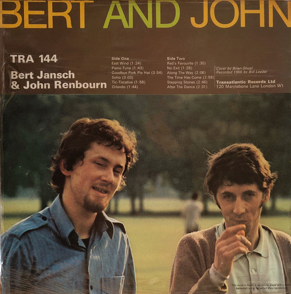 Image of Back Cover of LP - VG/G+ - BERT JANSCH & JOHN RENBOURN, Bert And John (Transatlantic White/Purple; TRA 144, UK 1966, Laminated Sleeve, Stereo), Prominent creasing bottom left of sleeve, edge and ring wear.,  - 4116330C