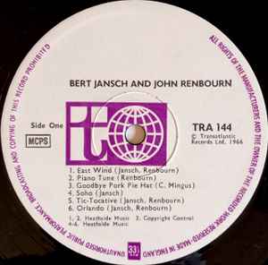 Image of Label Cover of LP - VG/G+ - BERT JANSCH & JOHN RENBOURN, Bert And John (Transatlantic White/Purple; TRA 144, UK 1966, Laminated Sleeve, Stereo), Prominent creasing bottom left of sleeve, edge and ring wear.,  - 4116330C