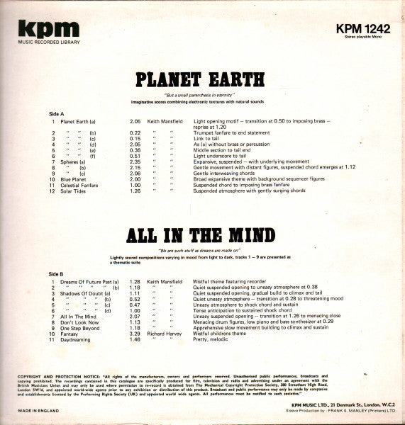 Image of Back Cover of LP - VG/VG+ - KEITH MANSFIELD / RICHARD HARVEY, Planet Earth / All In the Mind (KPM; 1242, UK 1970s), ,  - 3946086S