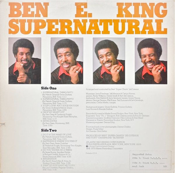 Image of Back Cover of LP - VG/VG - BEN E. KING, Supernatural (Atlantic Orange & Green - With W Logo On Label Rim; SD 18132, US 1975, Inner), ,  - 1026333E