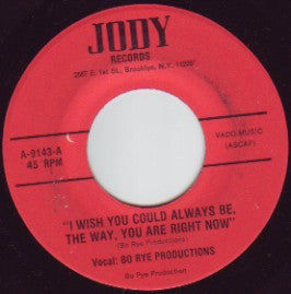 Image of Front Cover of 0424283E: 7" - BO RYE PRODUCTIONS, I Wish You Could Always Be, The Way, You Are Right Now / Mosquito Beat (Jody Records; A-9143, US 1970s, Plain sleeve) Lots of marks on vinyl. Plays with light background noise and some light clicks.  /G