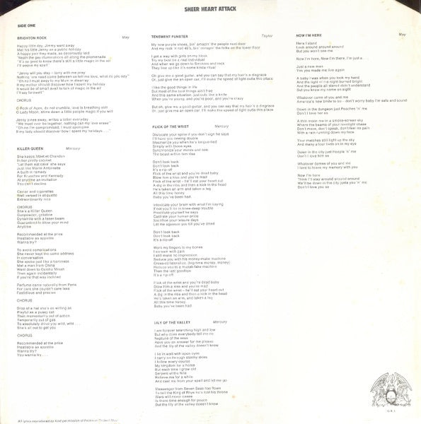 Image of Label Cover of LP - VG+/VG+ - QUEEN, Sheer Heart Attack (EMI; EMC 3061, UK 1974, Laminated Sleeve, Inner With 2 Cut Corners, 3U/4U Runouts. No Trident logo on bottom right corner of backcover), ,  - 4026182E