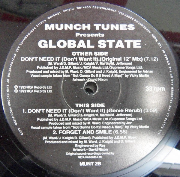 Image of Front Cover of 0546319S: 12" - GLOBAL STATE, Don't Need It (Don't Want It) (Munch Tunes; MUNT 2, UK 1993, Stickered Plain Sleeve)   VG/VG