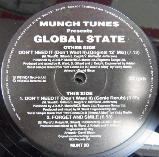 Image of Front Cover of 0546319S: 12" - GLOBAL STATE, Don't Need It (Don't Want It) (Munch Tunes; MUNT 2, UK 1993, Stickered Plain Sleeve)   VG/VG