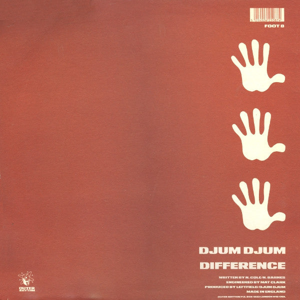 Image of Back Cover of 12" - VG+/VG - DJUM DJUM, Difference (Outer Rhythm; FOOT 8, UK 1990, Picture Sleeve), strong VG,  - 3046353S