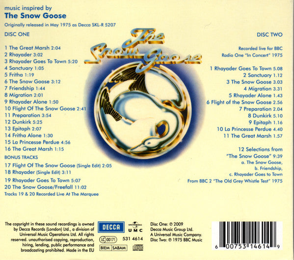 Image of Back Cover of 2xCD - EX/M - CAMEL, The Snow Goose (Decca; 531 4614, Europe 2009 Reissue, Double Digipak, Booklet, Deluxe Edition), Still SEALED in stickered shrinkwrap. Old security tag stuck on rear shrinkwrap.,  - 2116400C