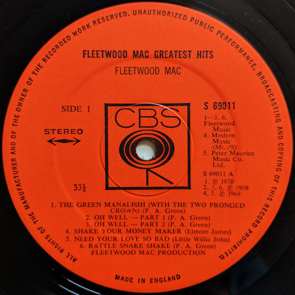 Image of Label Cover of LP - VG/VG - FLEETWOOD MAC, Fleetwood Mac Greatest Hits (CBS; 69011, UK 1971, Gatefold, Company Inner, 1st UKw/ no Mike Ross/Blue Horizon credits. ), Edge Wear,  - 4246140S