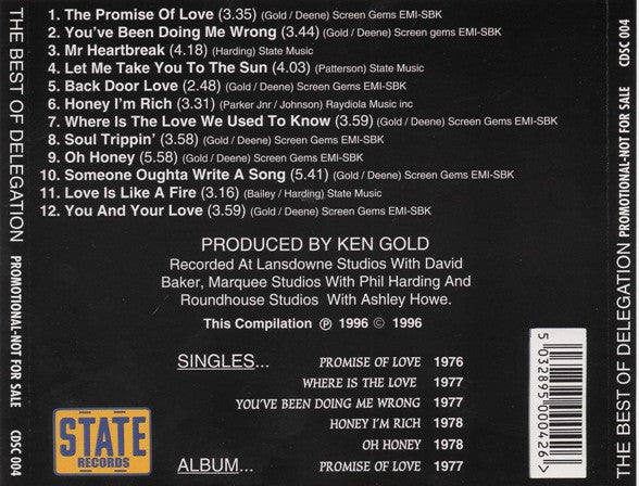 Image of Back Cover of 0534012E: CD - DELEGATION, The Best Of (State Records; CDSC 004, UK 1996, Promo, Expanded, Jewel Case) SEALED  EX/M